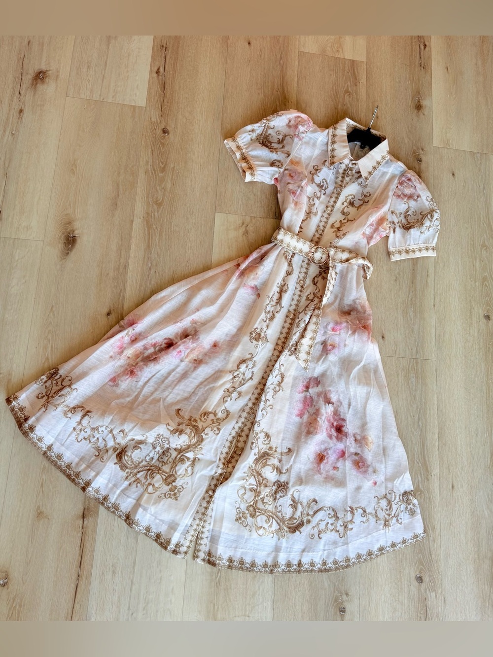 Elegant Cream Floral Belted A-Line Dress - Picture 3 of 4